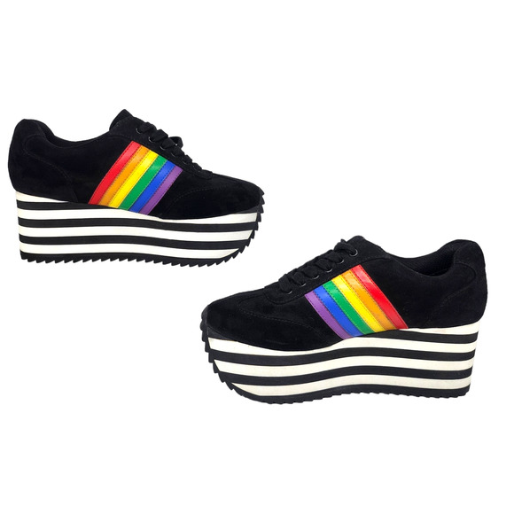 Charla Tedrick Dolls Kill Shoes 6 Black Rainbow Striped Platform Sneakers LGBTQ - Picture 2 of 12